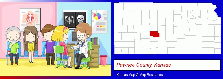 a clinic, showing a doctor and four patients; Pawnee County, Kansas highlighted in red on a map
