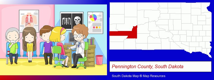 a clinic, showing a doctor and four patients; Pennington County, South Dakota highlighted in red on a map