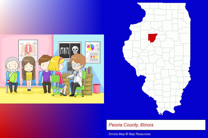 a clinic, showing a doctor and four patients; Peoria County, Illinois highlighted in red on a map