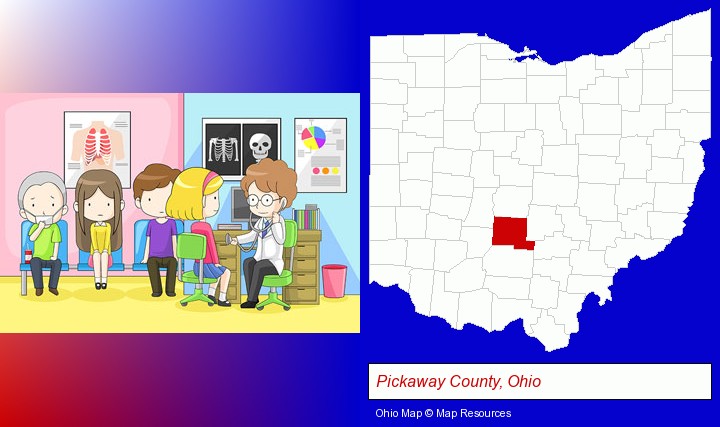 a clinic, showing a doctor and four patients; Pickaway County, Ohio highlighted in red on a map