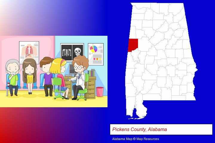 a clinic, showing a doctor and four patients; Pickens County, Alabama highlighted in red on a map
