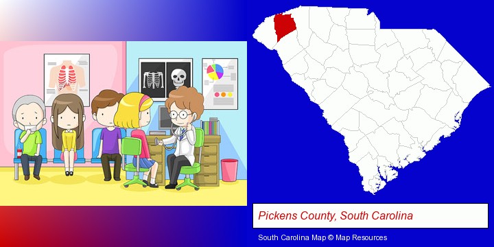 a clinic, showing a doctor and four patients; Pickens County, South Carolina highlighted in red on a map