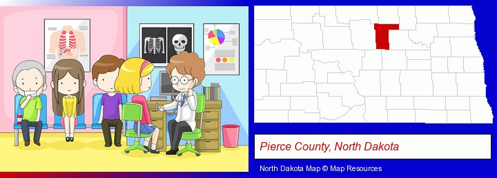 a clinic, showing a doctor and four patients; Pierce County, North Dakota highlighted in red on a map