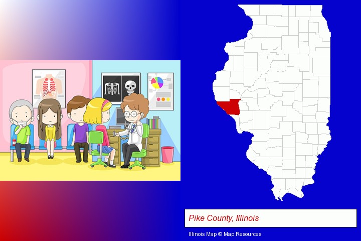 a clinic, showing a doctor and four patients; Pike County, Illinois highlighted in red on a map