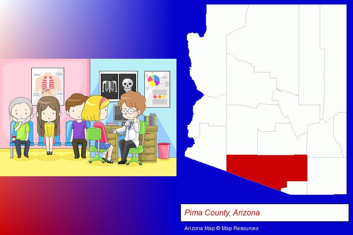 a clinic, showing a doctor and four patients; Pima County, Arizona highlighted in red on a map