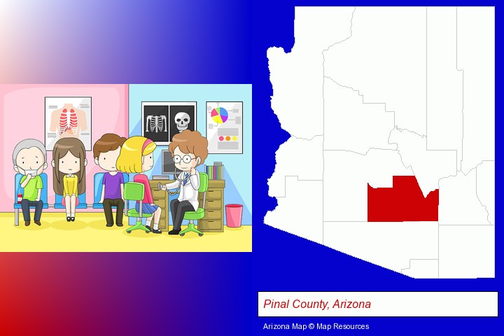 a clinic, showing a doctor and four patients; Pinal County, Arizona highlighted in red on a map