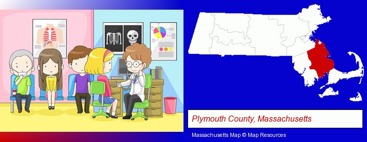 a clinic, showing a doctor and four patients; Plymouth County, Massachusetts highlighted in red on a map