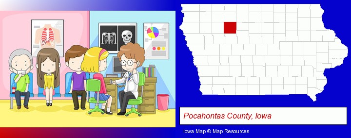 a clinic, showing a doctor and four patients; Pocahontas County, Iowa highlighted in red on a map