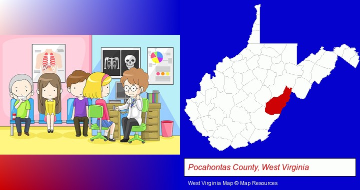 a clinic, showing a doctor and four patients; Pocahontas County, West Virginia highlighted in red on a map