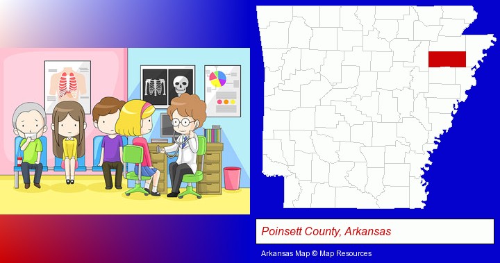 a clinic, showing a doctor and four patients; Poinsett County, Arkansas highlighted in red on a map