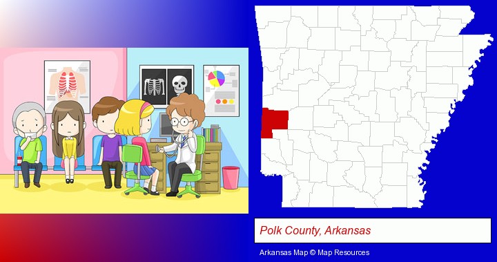 a clinic, showing a doctor and four patients; Polk County, Arkansas highlighted in red on a map
