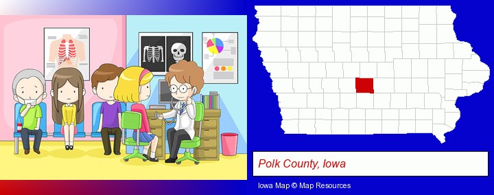a clinic, showing a doctor and four patients; Polk County, Iowa highlighted in red on a map