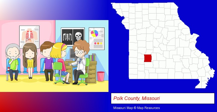 a clinic, showing a doctor and four patients; Polk County, Missouri highlighted in red on a map