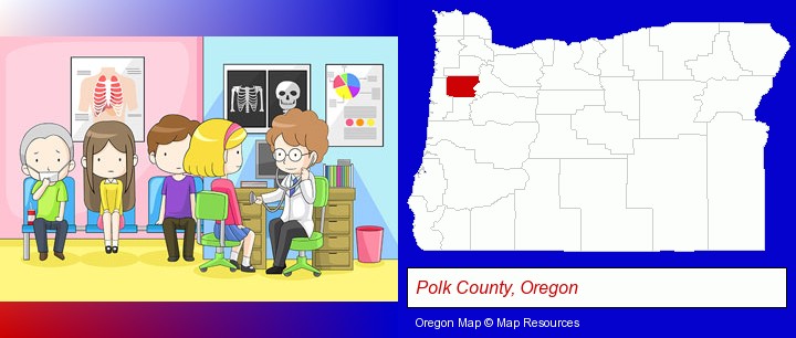 a clinic, showing a doctor and four patients; Polk County, Oregon highlighted in red on a map