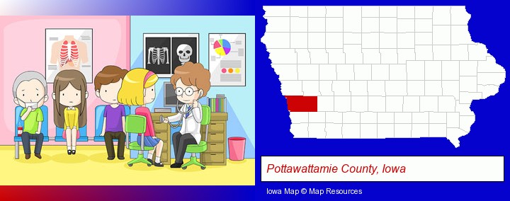 a clinic, showing a doctor and four patients; Pottawattamie County, Iowa highlighted in red on a map