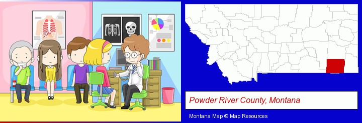 a clinic, showing a doctor and four patients; Powder River County, Montana highlighted in red on a map