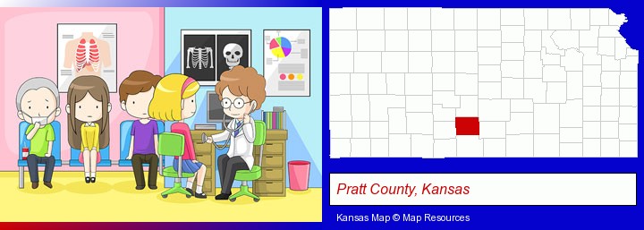a clinic, showing a doctor and four patients; Pratt County, Kansas highlighted in red on a map