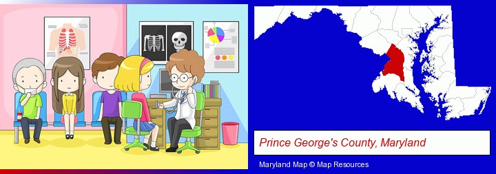 a clinic, showing a doctor and four patients; Prince George's County, Maryland highlighted in red on a map