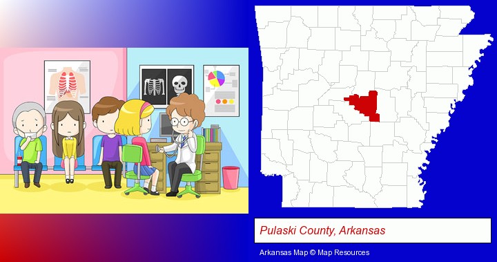 a clinic, showing a doctor and four patients; Pulaski County, Arkansas highlighted in red on a map