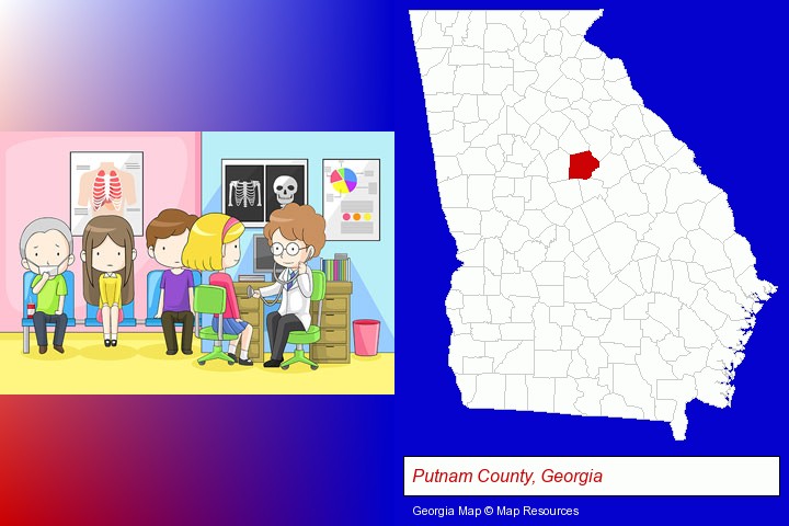 a clinic, showing a doctor and four patients; Putnam County, Georgia highlighted in red on a map