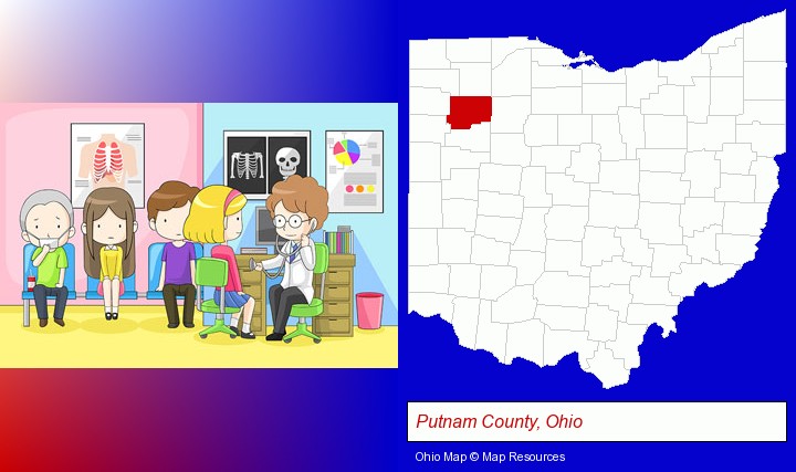 a clinic, showing a doctor and four patients; Putnam County, Ohio highlighted in red on a map