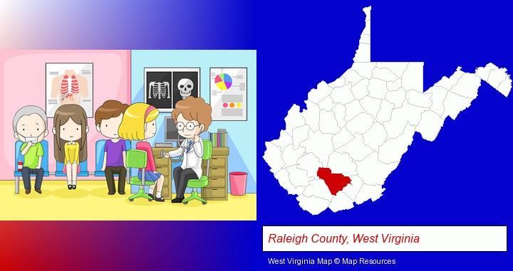 a clinic, showing a doctor and four patients; Raleigh County, West Virginia highlighted in red on a map