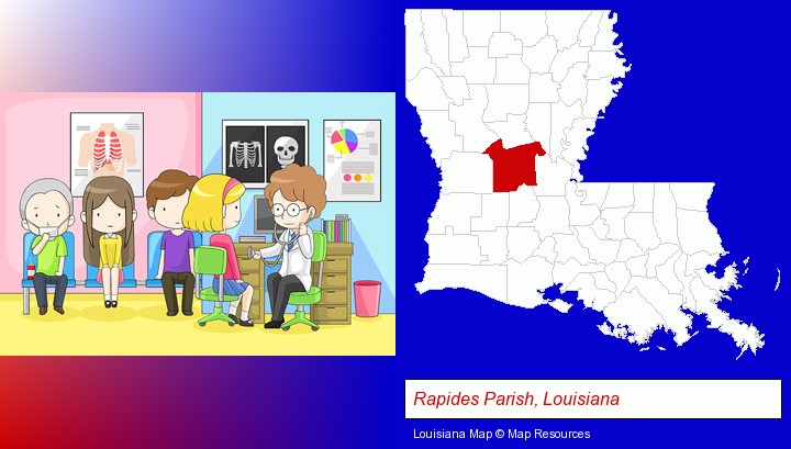 a clinic, showing a doctor and four patients; Rapides Parish, Louisiana highlighted in red on a map
