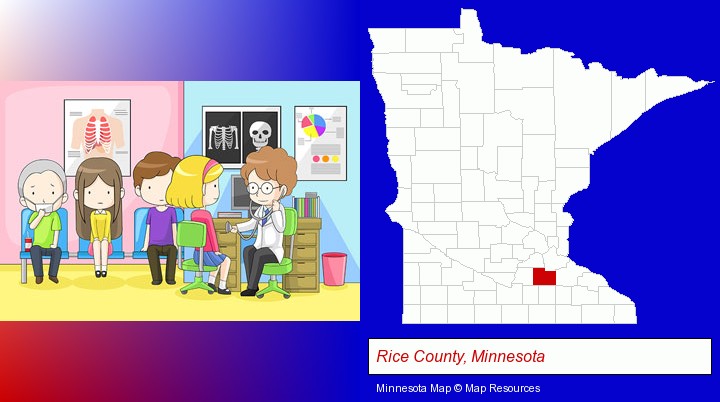 a clinic, showing a doctor and four patients; Rice County, Minnesota highlighted in red on a map