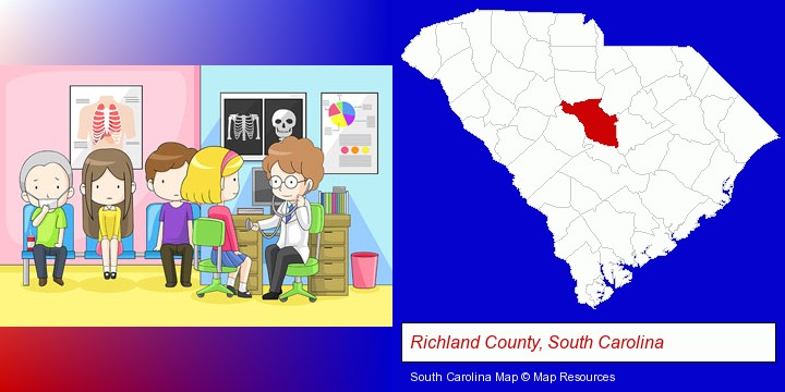 a clinic, showing a doctor and four patients; Richland County, South Carolina highlighted in red on a map