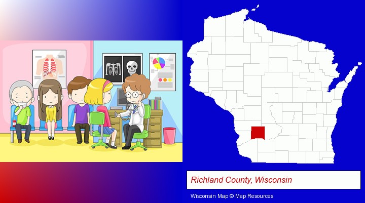 a clinic, showing a doctor and four patients; Richland County, Wisconsin highlighted in red on a map