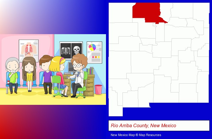 a clinic, showing a doctor and four patients; Rio Arriba County, New Mexico highlighted in red on a map