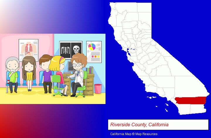 a clinic, showing a doctor and four patients; Riverside County, California highlighted in red on a map