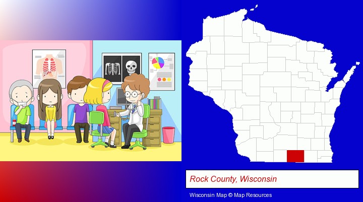 a clinic, showing a doctor and four patients; Rock County, Wisconsin highlighted in red on a map