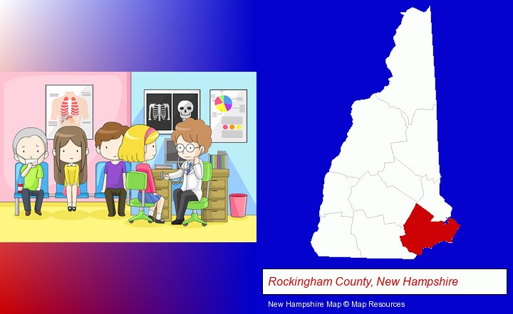 a clinic, showing a doctor and four patients; Rockingham County, New Hampshire highlighted in red on a map