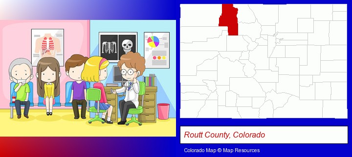 a clinic, showing a doctor and four patients; Routt County, Colorado highlighted in red on a map