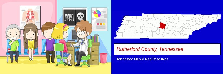 a clinic, showing a doctor and four patients; Rutherford County, Tennessee highlighted in red on a map