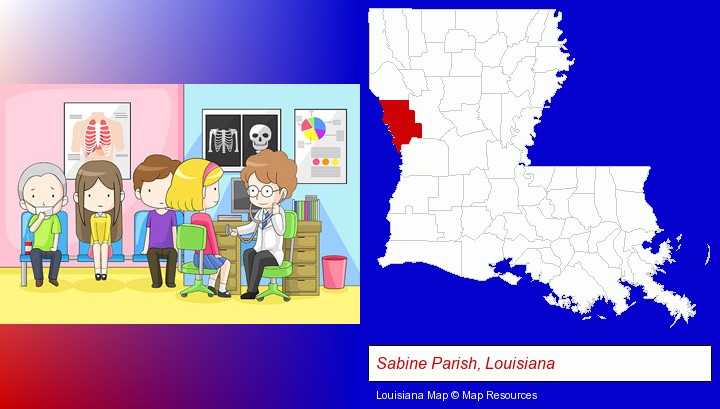 a clinic, showing a doctor and four patients; Sabine Parish, Louisiana highlighted in red on a map