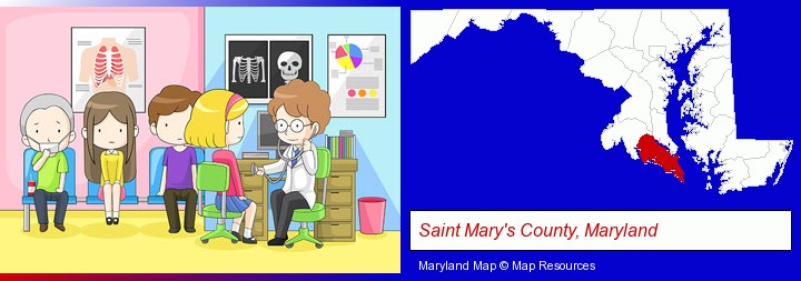 a clinic, showing a doctor and four patients; Saint Mary's County, Maryland highlighted in red on a map