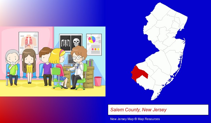 a clinic, showing a doctor and four patients; Salem County, New Jersey highlighted in red on a map