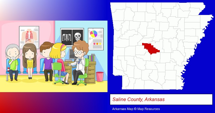 a clinic, showing a doctor and four patients; Saline County, Arkansas highlighted in red on a map