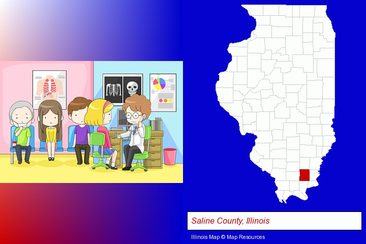 a clinic, showing a doctor and four patients; Saline County, Illinois highlighted in red on a map