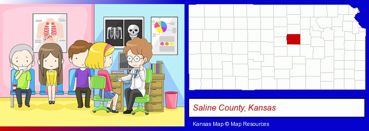 a clinic, showing a doctor and four patients; Saline County, Kansas highlighted in red on a map