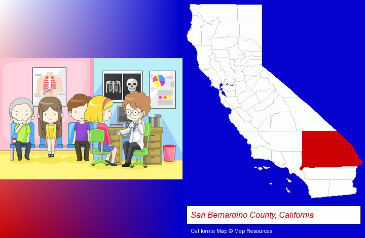 a clinic, showing a doctor and four patients; San Bernardino County, California highlighted in red on a map