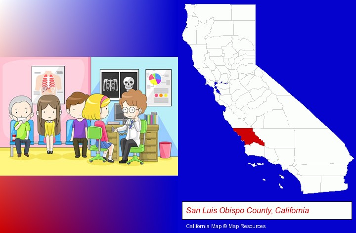 a clinic, showing a doctor and four patients; San Luis Obispo County, California highlighted in red on a map