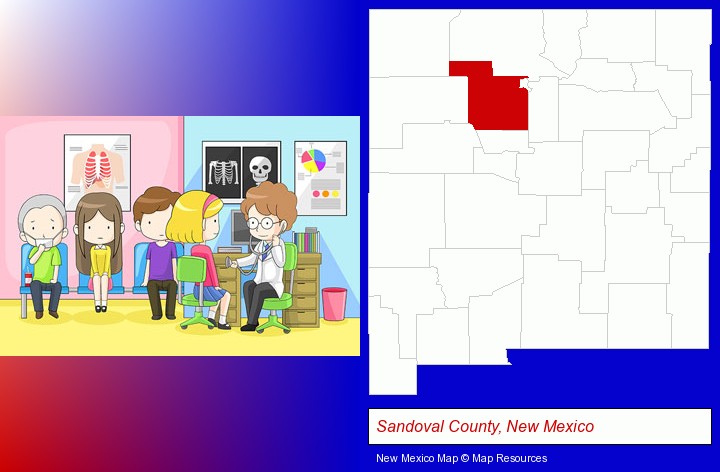 a clinic, showing a doctor and four patients; Sandoval County, New Mexico highlighted in red on a map