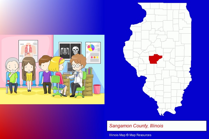 a clinic, showing a doctor and four patients; Sangamon County, Illinois highlighted in red on a map