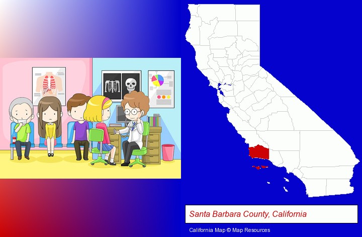 a clinic, showing a doctor and four patients; Santa Barbara County, California highlighted in red on a map