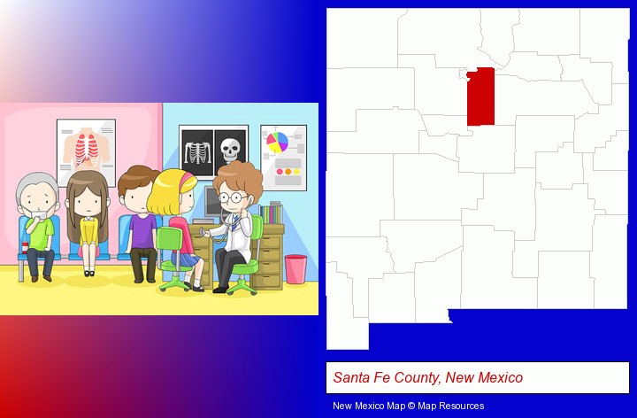 a clinic, showing a doctor and four patients; Santa Fe County, New Mexico highlighted in red on a map