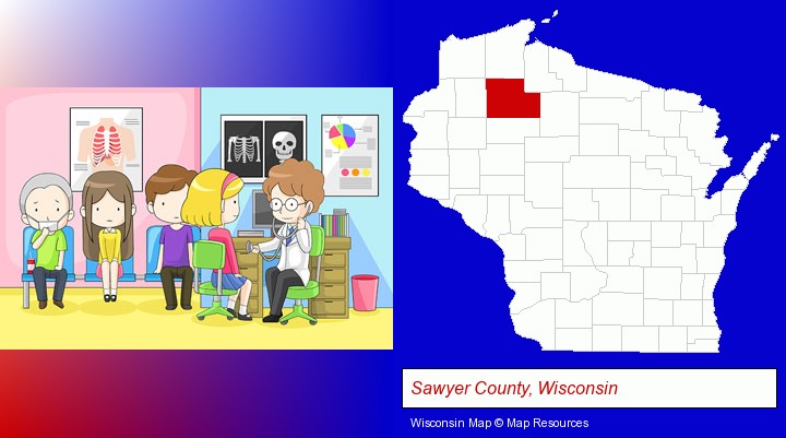 a clinic, showing a doctor and four patients; Sawyer County, Wisconsin highlighted in red on a map