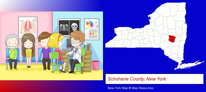 a clinic, showing a doctor and four patients; Schoharie County, New York highlighted in red on a map